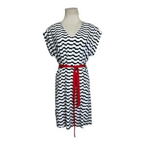 Everly white black stripes short sleeves belted dress size Medium